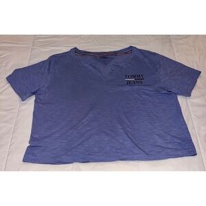 Tommy Jeans Women's Cropped T Shirt Short Sleeve Blue V-Neck Small Y2K 90s